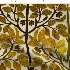 May include: A seamless pattern featuring a stylised tree with gold leaves on a cream background. The tree branches are black and the leaves have a textured, metallic look.