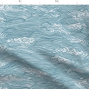 Wasserstoff - Maritime Ozeanwellen von elizabethatlas - Handgezeichnetes Meer, nautischer Ozean, Strand, blaue Wellen, Stoffmasse von Spoonflower