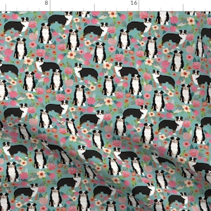 Aussie Fabric - Australian Shepherd Floral Aussie Dog Tricolored Fabric - Blue By Petfriendly - Dog Cotton Fabric by the yard Spoonflower