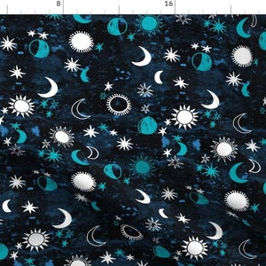 Moon & Sun Fabric - Night Sky Galaxy Fabric // Nursery Baby Night Sky Aqua By Andrea Lauren - Sun Cotton Fabric by the Yard With Spoonflower
