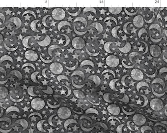 Moon + Stars Fabric - Moon And Stars Black And White By Kociara - Moon Stars Celestial Space Gray Cotton Fabric By The Yard With Spoonflower