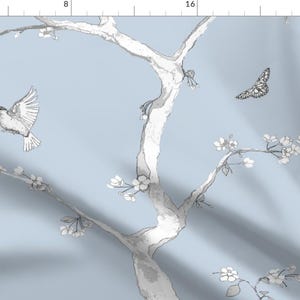 Chinoiserie Fabric - Cherry Blossoms Blue by domesticate - Large Scale Pastel Blue Victorian Flower Bird Fabric by the Yard by Spoonflower