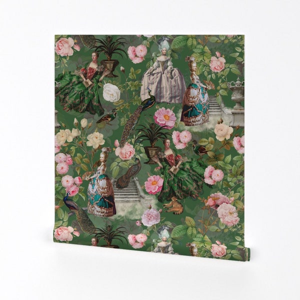 Redout Garden Wallpaper - Marie In Her Garden by utart - Rococo Vintage Style Roses Removable Peel and Stick Wallpaper by Spoonflower