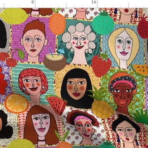 May include: A colorful and vibrant pattern featuring a variety of women's faces with different hairstyles, skin tones, and expressions. The background is filled with tropical fruits, flowers, and geometric shapes.