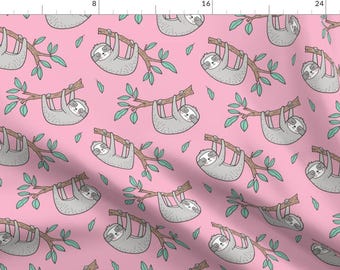 Sloths on Pink Fabric - Sloth Sloths On Tree Branch With Leaves By Caja Design - Wild Life Sloth Cotton Fabric By The Yard With Spoonflower