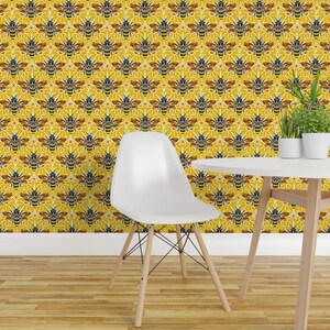 Spring Garden Peel and Stick Wallpaper - Flowers Natures Bugs Insects Pollinators - Removable Wall Decor Art - Honey Bee by mitalimdesigns