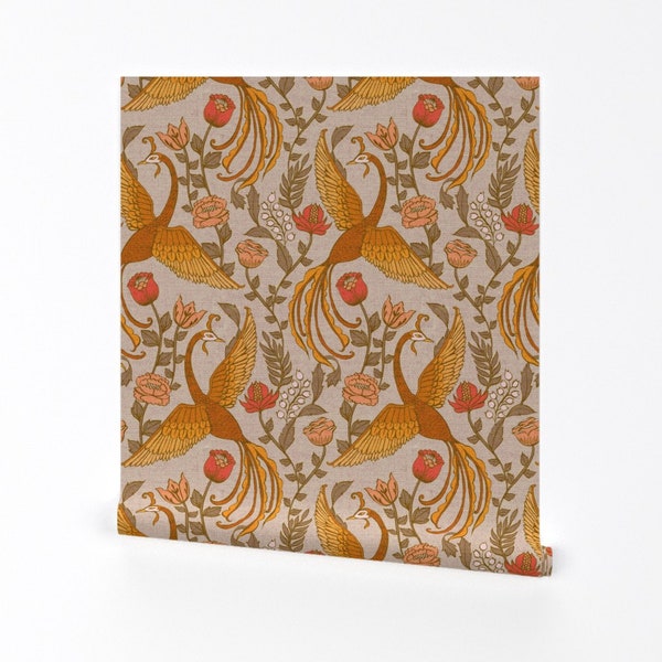 Phoenix Wallpaper - Phoenix Garden By Ceciliamok - Orange Nouveau Damask Tropical Removable Self Adhesive Wallpaper Roll by Spoonflower