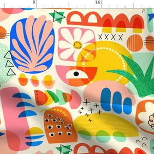 May include: A colorful abstract pattern featuring geometric shapes, flowers, and leaves. The design includes a variety of colors, including pink, blue, yellow, green, and orange. The pattern is perfect for a variety of applications, such as fabric, wallpaper, or wrapping paper.