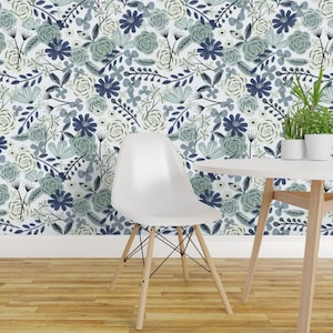 Blue Boho Floral Peel and Stick Wallpaper - Sage Green Floral Wilderness - Removable Wall Decor Art - Flower Child Boho by roochita