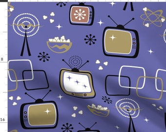 Retro Fabric - Retro Tv Purple By Wolflingblue - Retro 1950s 1960s Vintage Nostalgic Mid Mod Cotton Fabric By The Yard With Spoonflower