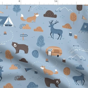 Woodland Fabric - Woodland Camping - Scandiavian Blue By Ewa Brzozowska - Woodland Camping Blue Cotton Fabric By The Yard With Spoonflower