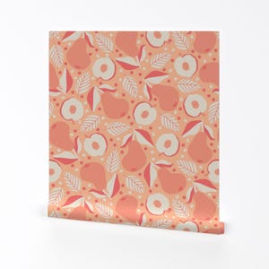 « Papier peint amovible avec noyau de fruits à noyaux - Pêches, poires, feuilles pastel - Art mural - Décoration murale - Pêches et poires » par sinaokeeffedesign