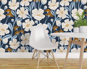 Bold Botanical Peel and Stick Wallpaper - Meadow Blue Cream Orange Meadow - Removable Wall Decor Art - White Wildflowers by mauerbluemchen