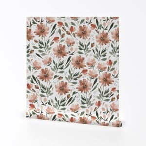 Terracotta Floral Removable Peel and Stick Wallpaper - Cottagecore Watercolor Meadow - Wall Art Wall Decor - Copper Field by indybloomdesign