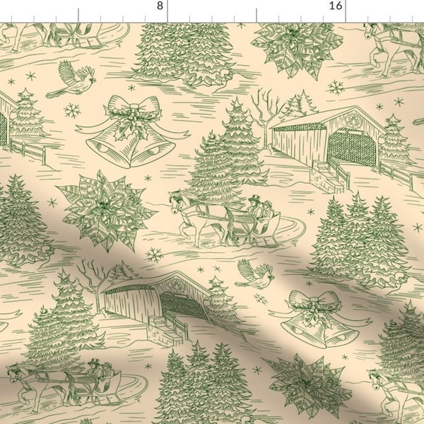 Holiday Toile Fabric - Christmas Sleigh Ride Toile By Mariafaithgarcia - Green Cream Trees Bells Cotton Fabric By The Yard With Spoonflower