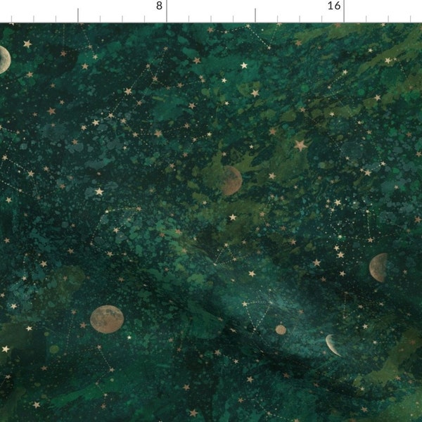 Celestial Sky Fabric - Dark Green Galaxy by rebecca_reck_art - Emerald Green Night Sky Astrology Astronomy Fabric by the Yard by Spoonflower