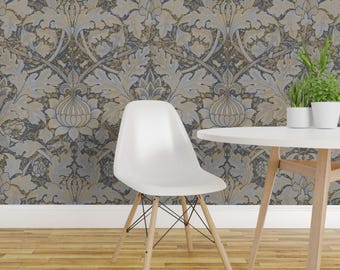 Damasttapete – Morris Growing Damask von Peacoquettedesigns – Graue, individuell bedruckte, ablösbare, selbstklebende Tapetenrolle von Spoonflower
