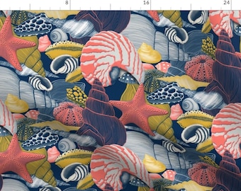 Nautical Pink Seashells Starfish Beach Print Fabric - Shells By J9design - Nautical Beach Cotton Fabric By The Yard With Spoonflower