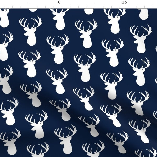 Deer Fabric - Navy Deer Head Custom Fabric By Ivie Cloth Co - Deer Cotton Fabric By The Yard with Spoonflower