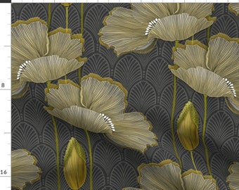 Art Decor Poppy Fabric - Art Deco Fleurs Dor by j9design - Vintage 1920s Poppies Yellow Grey Botanical Fabric by the Yard by Spoonflower