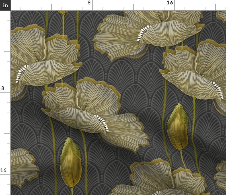 Art Decor Poppy Fabric Art Deco Fleurs Dor by j9design Vintage 1920s Poppies Yellow Grey Botanical Fabric by the Yard by Spoonflower image 1