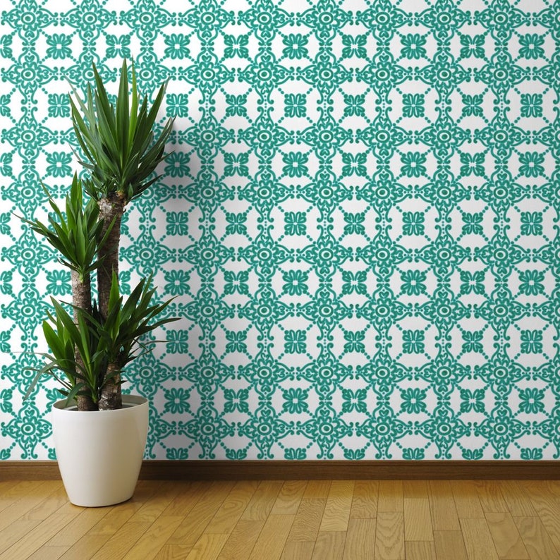 Talavera Wallpaper-Spanish Tile Pantone Arcadia Green By Helenpdesigns Custom Printed Removable Self Adhesive Wallpaper Roll by Spoonflower