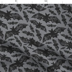 Ornate Bats Fabric - Night Flight Gothic Halloween Bat Grey By Heatherdutton - Spooky Dark Cave Cotton Fabric By The Yard With Spoonflower
