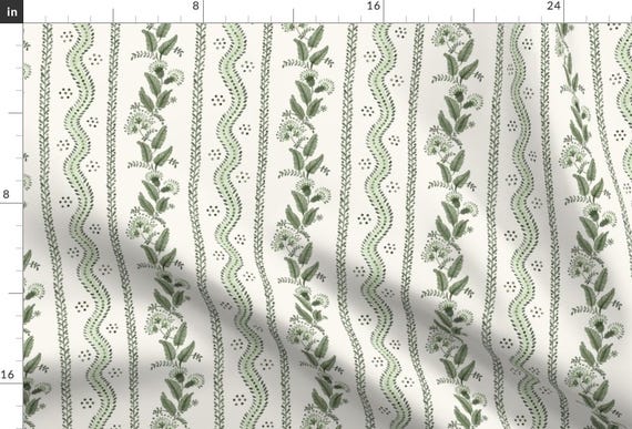 Green Floral Stripe Fabric - Green Floral Stripe by danika_herrick - Stripe Floral Botanical Victorian Fabric by the Yard by Spoonflower
