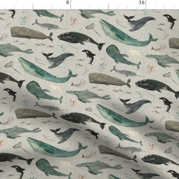 Watercolor Whales Fabric -Whale Song Gray By Katherine Quinn- Whales Ocean Humpback Orca Stingray Cotton Fabric By The Yard With Spoonflower