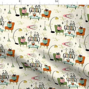 Cats Fabric - Cozy Cats Den Medium by studioxtine - Retro Fifties Atomic Mid Century Mod Black Cat Reading Fabric by the Yard by Spoonflower