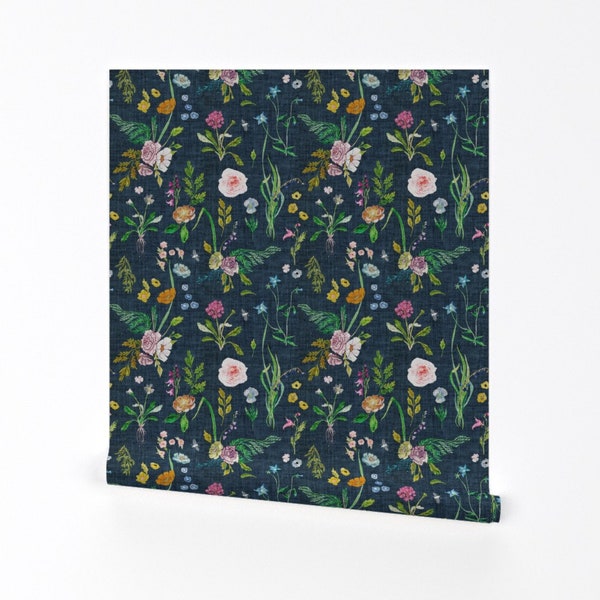 Floral Wallpaper - Navy Floral Vintage By Nouveau Bohemian - Floral Custom Printed Removable Self Adhesive Wallpaper Roll by Spoonflower