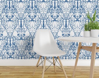 Damask Wallpaper - Bedroom ~ White Blue By Peacoquettedesigns - Damask Custom Printed Removable Self Adhesive Wallpaper Roll by Spoonflower