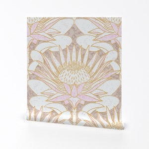 Art Nouveau Wallpaper - Pink King Protea Art Deco 24” By Helenpdesigns - Custom Printed Removable Adhesive Wallpaper Roll by Spoonflower