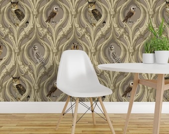 Vintage Bird Damask Peel and Stick Wallpaper - Light Brown Antique Owls - Removable Wall Decor Art - Art Nouveau Owls by thevictorianoctagon
