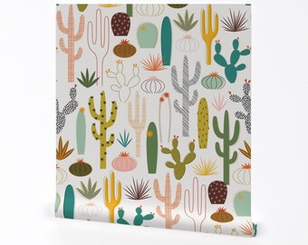 Cactus Wallpaper - Desert Garden By Katerhees - Midcentury Modern Custom Printed Removable Self Adhesive Wallpaper Roll by Spoonflower