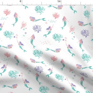 Watercolor Mermaid Fabric - Watercolor Mermaids By Xtinew- Mermaid Whimsical Ocean Sea Beach Girs Cotton Fabric By The Yard With Spoonflower
