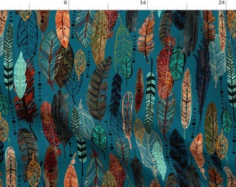 May include: Teal fabric with a repeating pattern of colorful feathers. The feathers are drawn in a watercolor style and have intricate details.