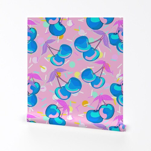 Cartoon Cherries Removable Peel and Stick Wallpaper - Bright Colors Pink Blue Girly  - Wall Art Wall Decor - Unicorn Treats  by tsim_designs