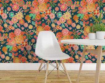 Maximalist Peel and Stick Wallpaper - Retro Flowers Jewel Tone Bright Pink  - Removable Wall Decor Art - Seventies Floral Large by micklyn