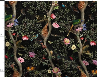 Maximalist Garden Fabric - Tropical Animals by utart - Moody Floral Chinoiserie Black Botanical Vintage Fabric by the Yard by Spoonflower