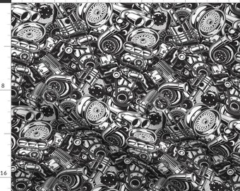 Car Fabric - Car Parts Automotive Engine Black And White By Shape Shifters - Monochrome Mechanic Cotton Fabric By The Yard With Spoonflower