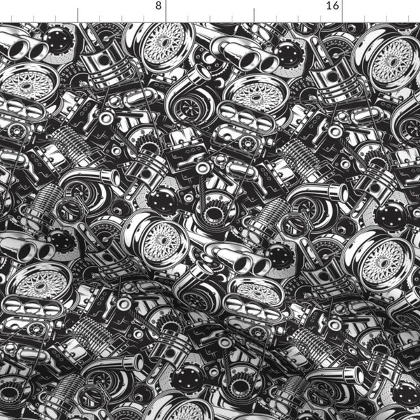 Car Fabric - Car Parts Automotive Engine Black And White By Shape Shifters - Monochrome Mechanic Cotton Fabric By The Yard With Spoonflower