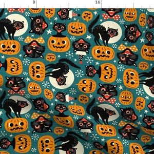 Retro Halloween Fabric - Spooky Vintage Cats And Pumpkins By Mirabelleprint - Black Cats Cotton Fabric By The Yard With Spoonflower