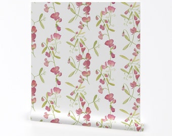 Floral Stripe Wallpaper - Sweet Peas By Jillbyers - Floral Stripe Pink Custom Printed Removable Self Adhesive Wallpaper Roll by Spoonflower
