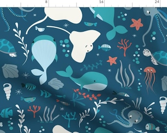 Ocean Animals Teal Fabric - Sea Creatures 004 By Bluelela - Cute Aqua Blue Teal Sea Life Nautical Cotton Fabric By The Yard With Spoonflower