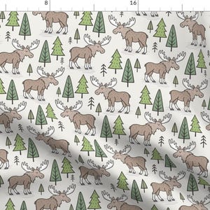 Moose Fabric - Forest Woodland Moose Trees On Grey By Caja Design Baby Nursery Boy Girl Nature - Cotton Fabric By The Yard With Spoonflower