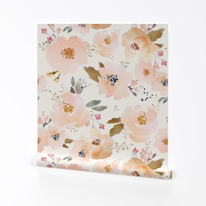 Modern Floral Removable Peel and Stick Wallpaper - Peach Botanical Garden Bloom - Wall Art Wall Decor - Peachy Blossom by indybloomdesign