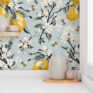 Honey Bees Wallpaper - Bees Lemons By Fernlesliestudio - Farmhouse Country Blue Yellow Removable Self Adhesive Wallpaper Roll by Spoonflower