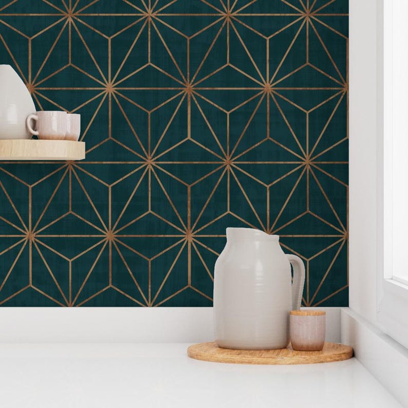 Star Wallpaper - Star Geo Deep Teal Copper By Crystal Walen - Green Custom Printed Removable Self Adhesive Wallpaper Roll by Spoonflower image 7