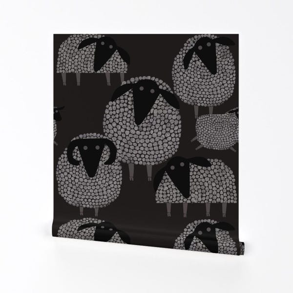 Anthrazit Grau Schaf Tapete - Schäfchen Zählen By Bycornelia - Abnehmbare, selbstklebende Tapetenrolle von Spoonflower